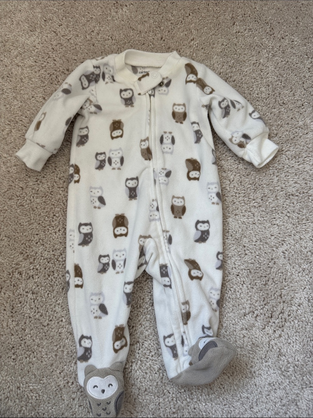 Carter's Cream Fleece Owl Footed One-Piece with Brown and Gray Accents